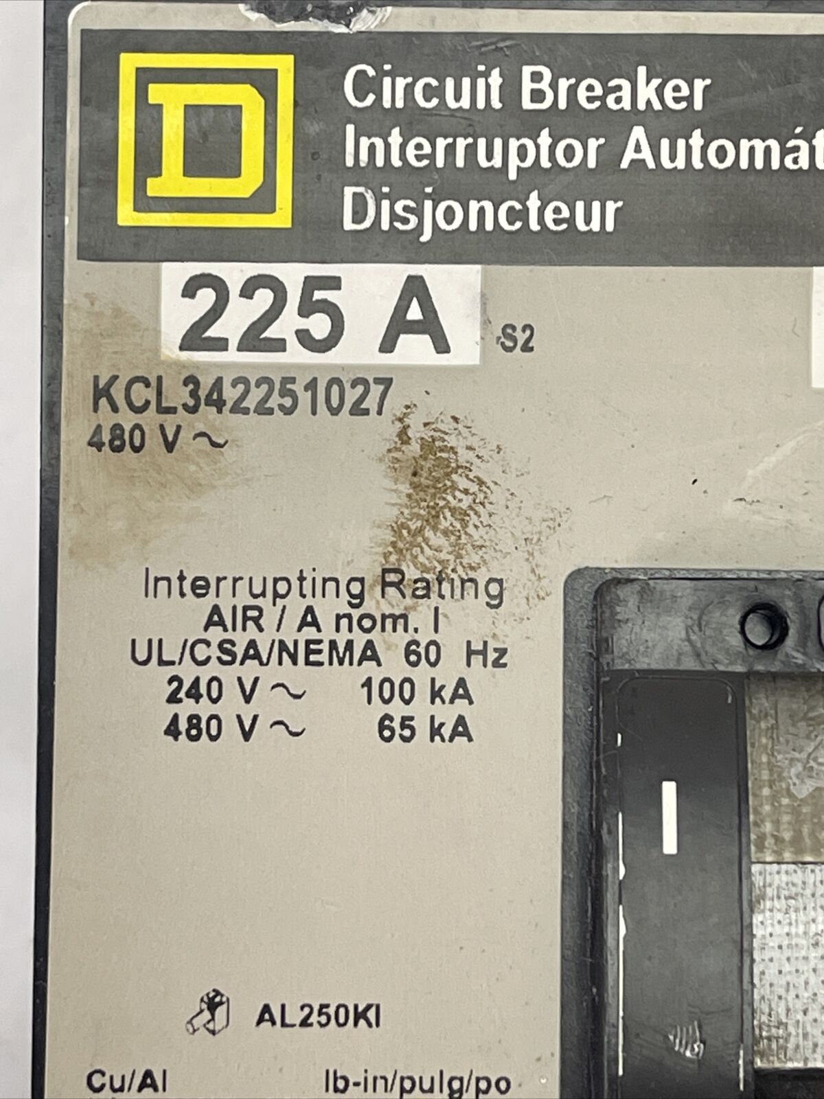 SQUARE D KCL342251027 CIRCUIT BREAKER 480VAC 225AMP 3POLE SHUNT TRIP 24VDC