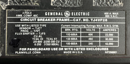 GE TJ4VF26 CIRCUIT BREAKER FRAME 600A 600VAC 3P MOD 5 MICRO VERSA TRIP T4VT 500A