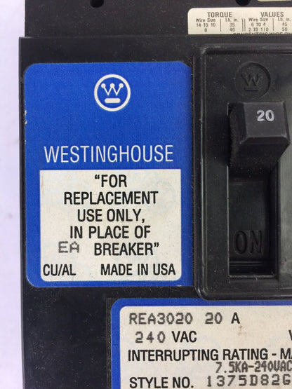 WESTINGHOUSE REA3020 CIRCUIT BREAKER 20AMP 3POLE 240VAC 1375D82G35