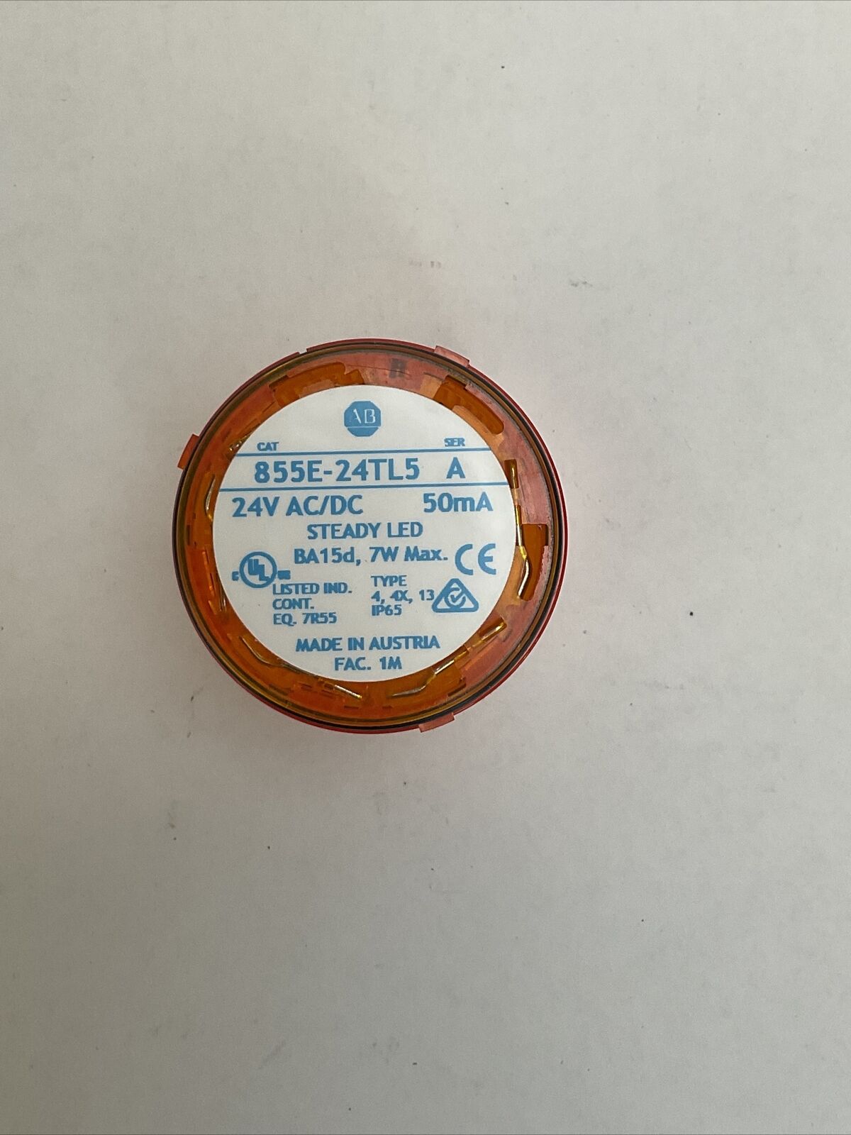 ALLEN BRADLEY 855E-24TL5 STEADY LED LIGHT 24V AMBER SER A 50mA BA15D 7W