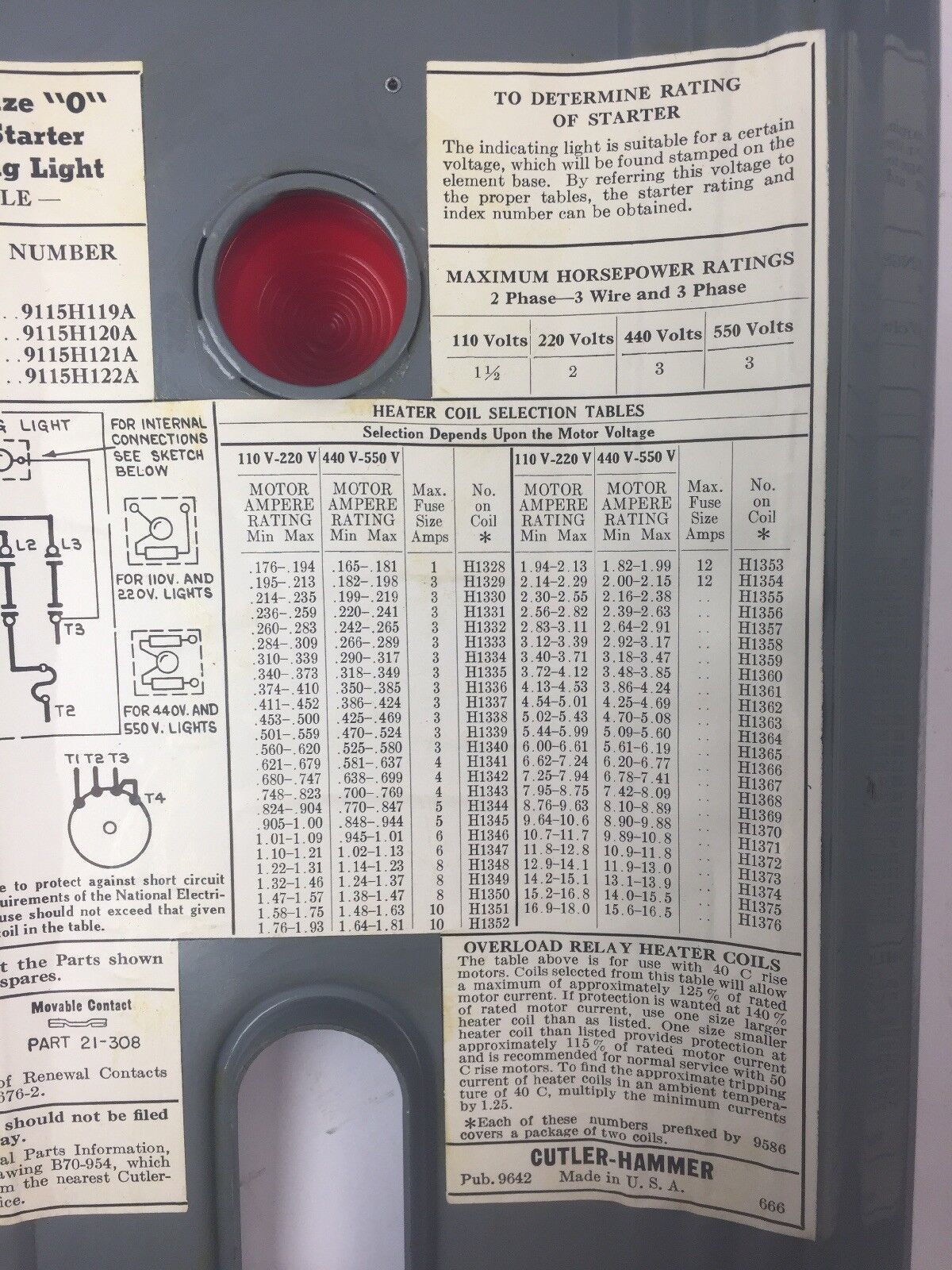 CUTLER HAMMER 9115H119A AC MANUAL STARTER START/STOP SIZE 0 LAMP CIRCUIT 110V