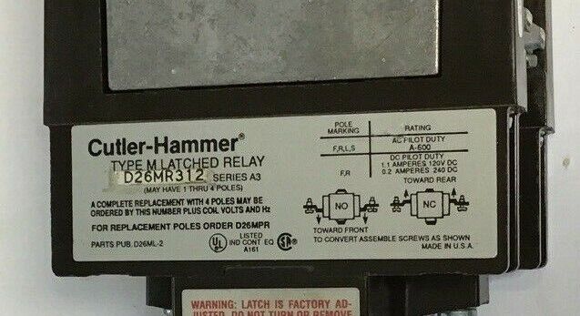 CUTLER HAMMER TYPE M LATCHED RELAY D26MR312A SER.A3