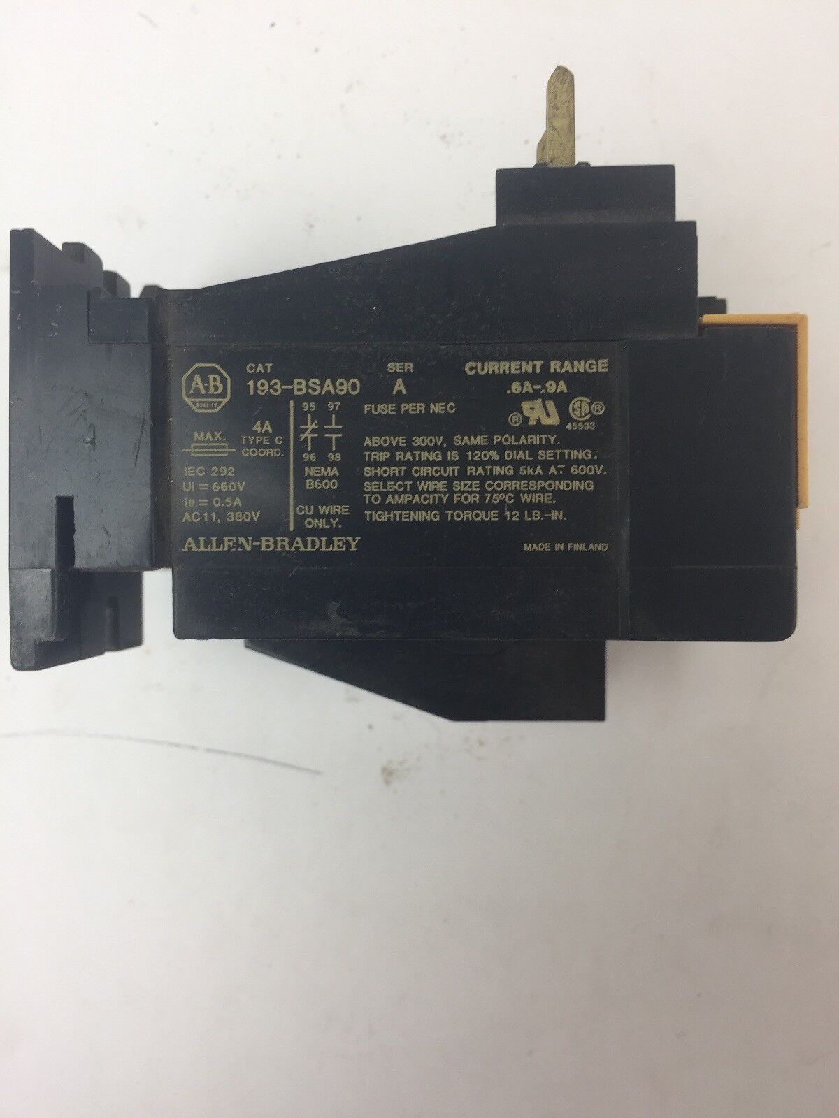 ALLEN BRADLEY 193-BSA90 OVERLOAD RELAY SER A 0.6-0.9A