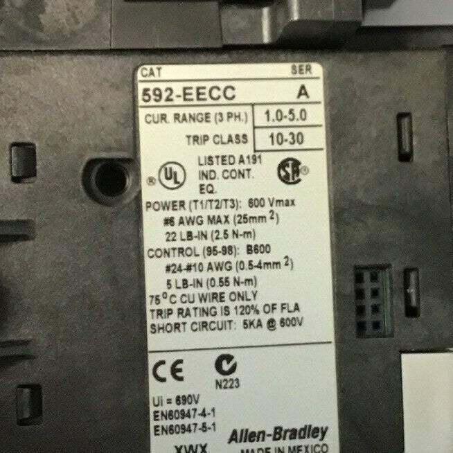 ALLEN-BRADLEY 509-BO*-E1+ SIZE 1 STARTER 120 V COIL  W/592-EECC W/595-A SER.C