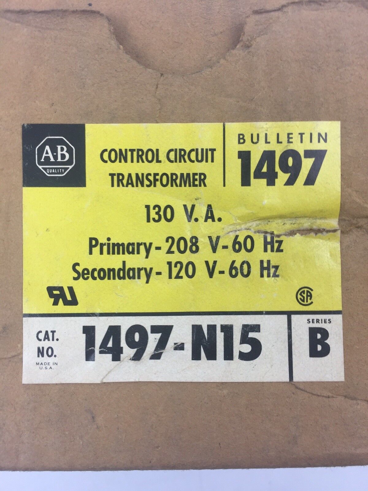 ALLEN BRADLEY 1497-N15 CONTROL CIRCUIT TRANSFORMER .130 KVA 208V 60HZ 120V 60HZ