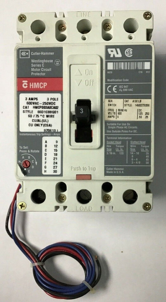 WESTINGHOUSE HMCP003A0CA02 CIRCUIT PROTECTOR 3AMP 600VAC-250VDC 3POLE SER.C