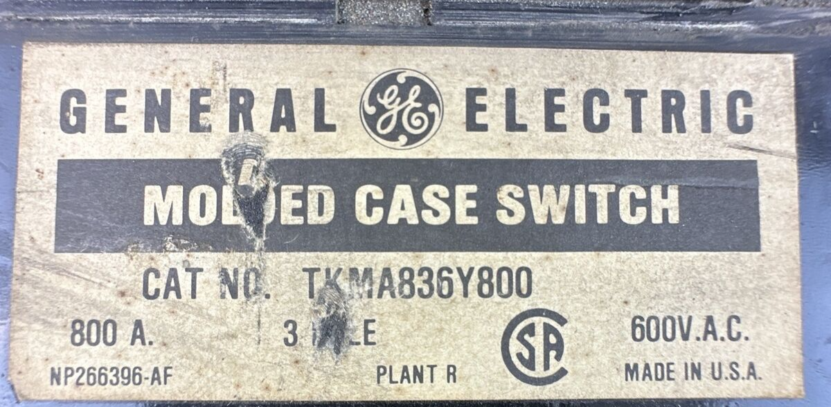 GE TKMA836Y800 CIRCUIT BREAKER 800AMP 600VAC 3POLE