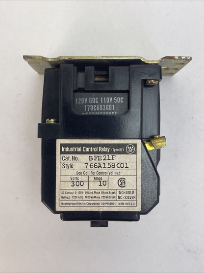 WESTINGHOUSE BFE21F INDUSTRIAL CONTROL RELAY 300V 10AMP 766A158G01 COIL 120V 60C