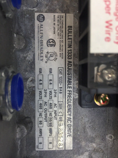 ALLEN BRADLEY 1333-BAB SER C ADJUSTABLE FREQUENCY AC DRIVE OUTPUT 4.8KVA 460VAC