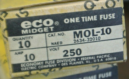 BOX of 10 / ECONOMY / ECO / FPE MOL-10 MIDGET FUSE / 10A / 250V / NEW SURPLUS