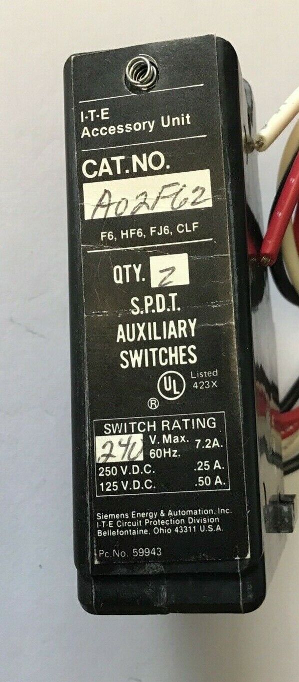 ITE A02F62 AUXILIARY SWITCH 240V 7.2A 60HZ