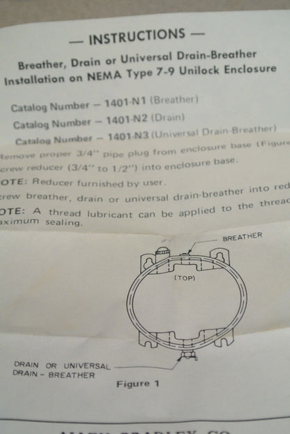 ALLEN-BRADLEY 1401-N3 BREATHER-DRAIN COMB. for UNILOCK NEMA 7-9 ENCLOSURE / NEW