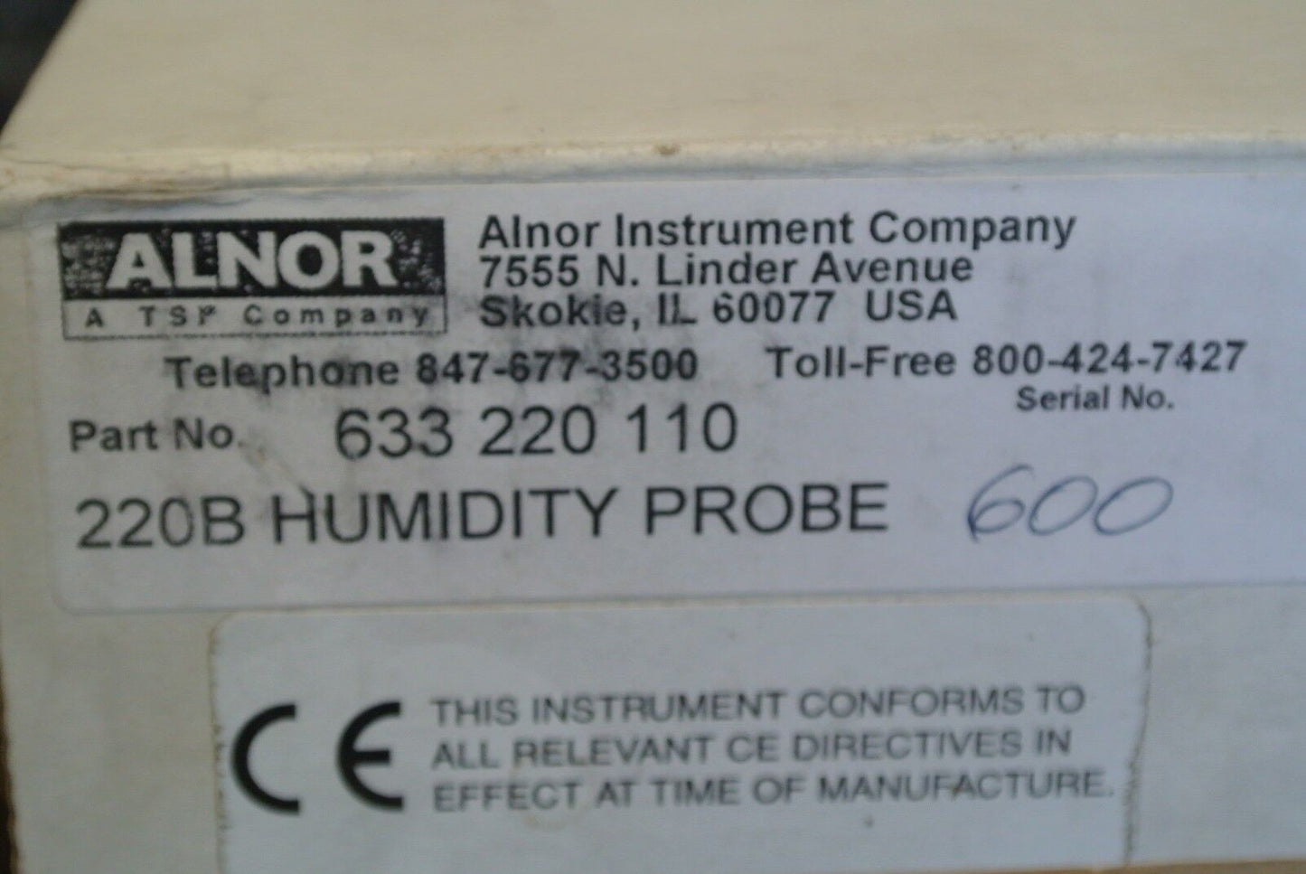 ALNOR / TSP - 220B  HYGROMETER / RELATIVE HUMIDITY PROBE  RECALIBRATED w/ MANUAL