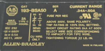 ALLEN-BRADLEY 193-BSA50 BI-METALLIC OVERLOAD RELAY 0.34A-0.50A / NEW SURPLUS