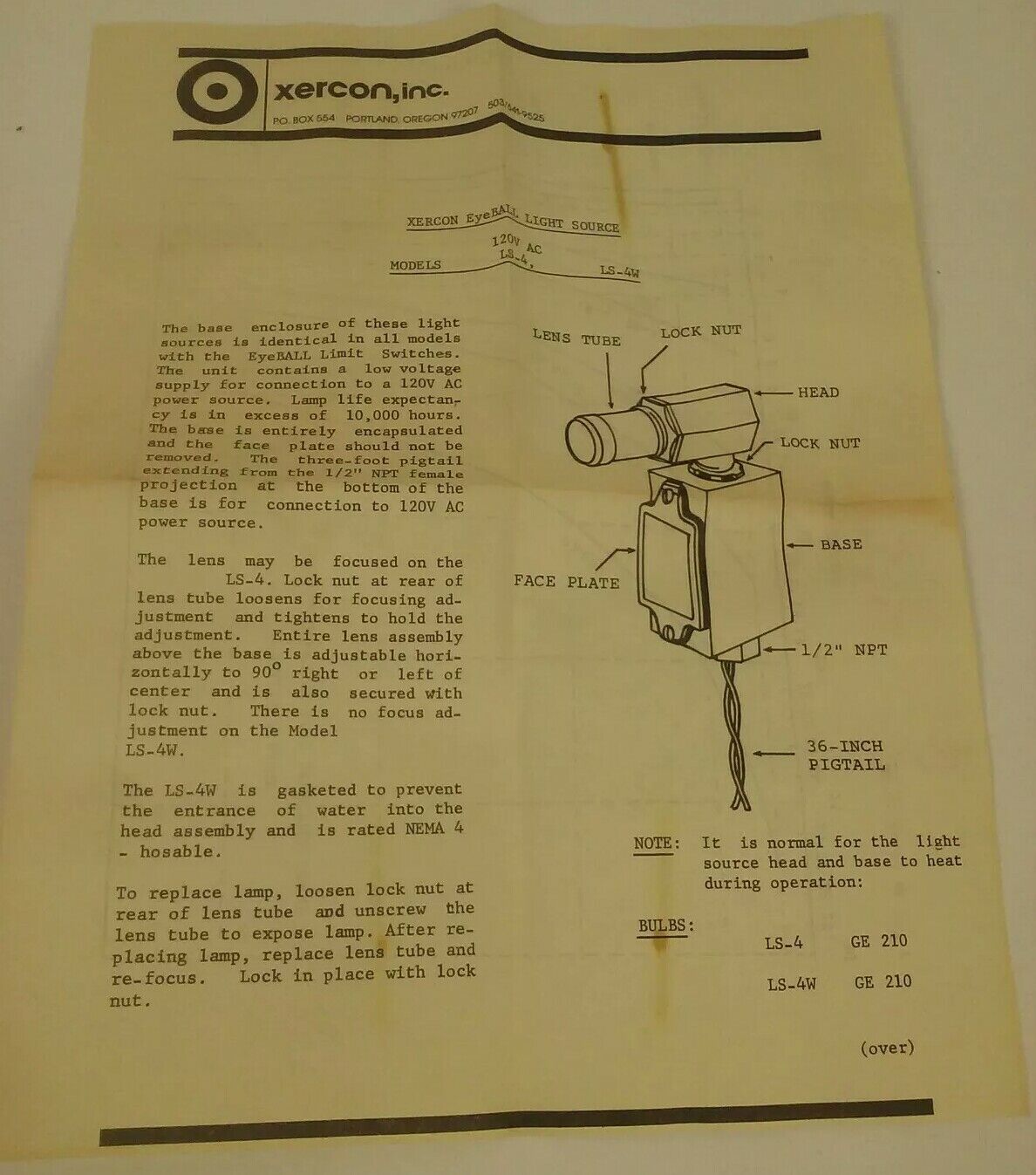 XERCON LS-4 EYE-BALL LIGHT SOURCE LIMIT SWITCH 120VAC, PHOTOELECTRIC CONTROLS