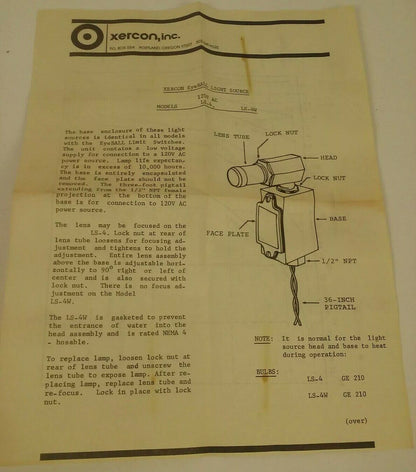 XERCON LS-4 EYE-BALL LIGHT SOURCE LIMIT SWITCH 120VAC, PHOTOELECTRIC CONTROLS