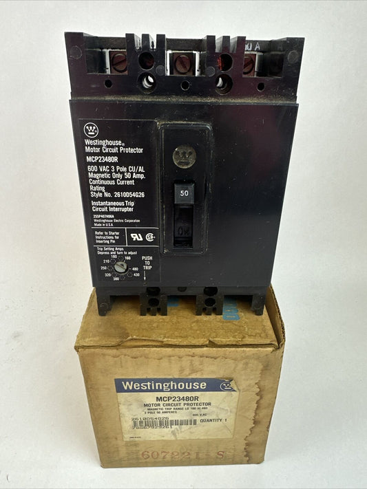 WESTINGHOUSE MCP23480R MOTOR CIRCUIT PROTECTOR 3P 50A 600VAC TRIP RANGE 160-480