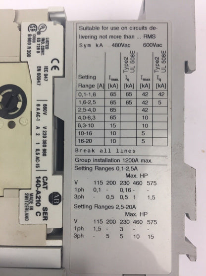 ALLEN BRADLEY 190-M* 140-MN-1000 MOTOR STARTER 100-C09* 100S 140-A210 COIL 120V