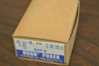 BOX of 10 / BUSS ~ BUSSMANN BAF-6 FUSE / 6A / 250V / NEW SURPLUS / BAF 6