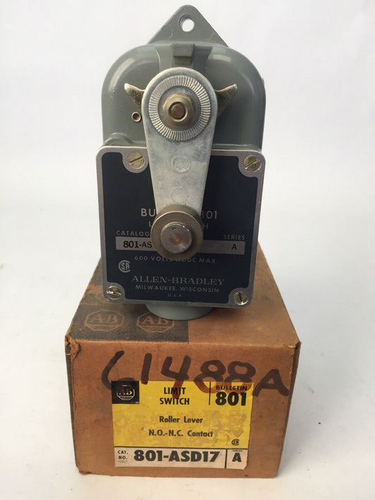ALLEN BRADLEY 801-ASD17 LIMIT SWITCH ROLLER LEVER 600V AC/DC N.O.-N.C. CONTACT