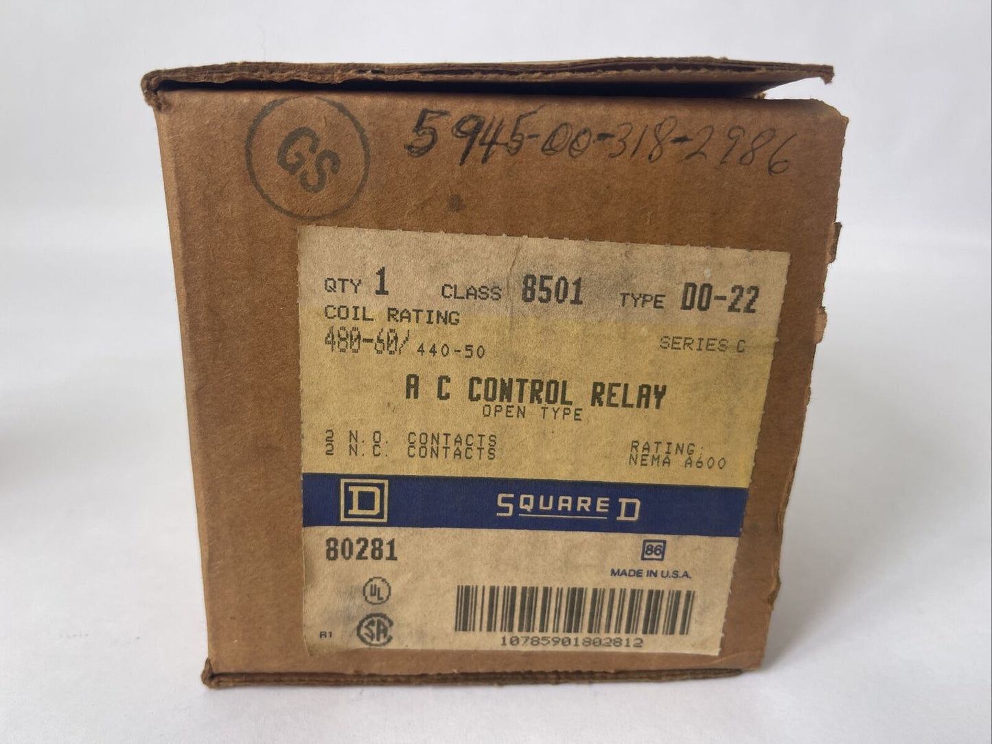 SQUARE D 8501 D0-22 AC CONTROL RELAY SER C 600VAC 10A COIL 480V 60HZ 440V 50HZ