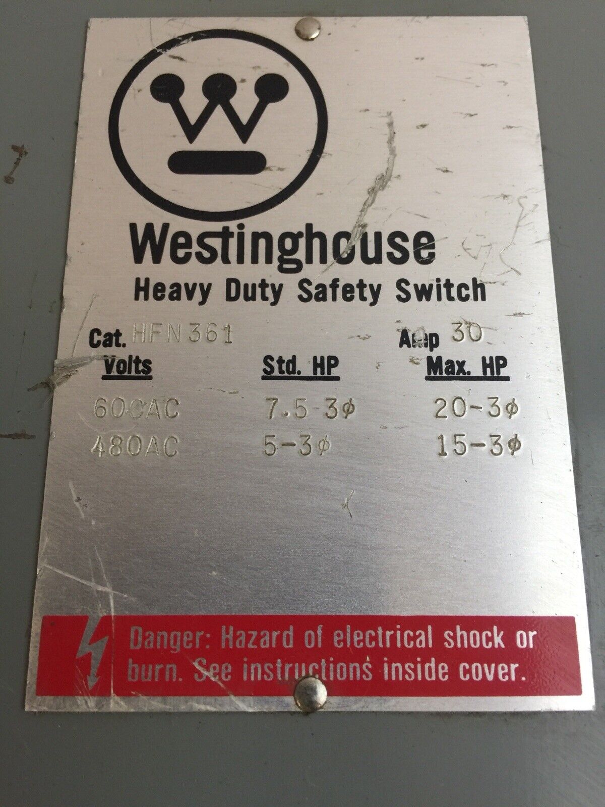 WESTINGHOUSE HFN361 FUSIBLE HD SAFETY SWITCH 600VAC 30AMP TYPE 1 ENCLOSURE 20HP