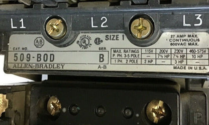 ALLEN BRADLEY 509-B0D SER.B SIZE 1 STARTER 10HP 575V 3-5POLE 27AMP W29 HEATERS