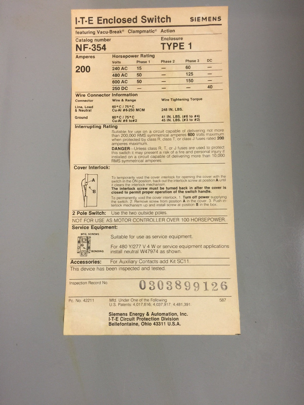 ITE NF354 VACU-BREAK SWITCH WITH CLAMPMATIC CONTACTS 200 AMP 600 VAC