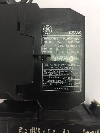 GE STARTER CR7ZB CONTACTOR 600VAC 25A 10HP COIL 24V CR7G1TN RELAY 10-13A