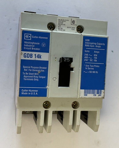 WESTINGHOUSE GDB 14K CIRCUIT BREAKER 25A 480VAC 3POLE 50/60HZ GDB3025