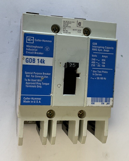 WESTINGHOUSE GDB 14K CIRCUIT BREAKER 25A 480VAC 3POLE 50/60HZ GDB3025