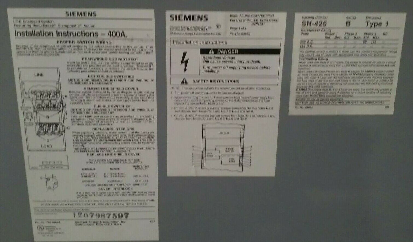 SIEMENS SN425 SER. B FUSIBLE SAFETY SWITCH 3PH 400A 240V 125HP TYPE 1 ENCLOSURE