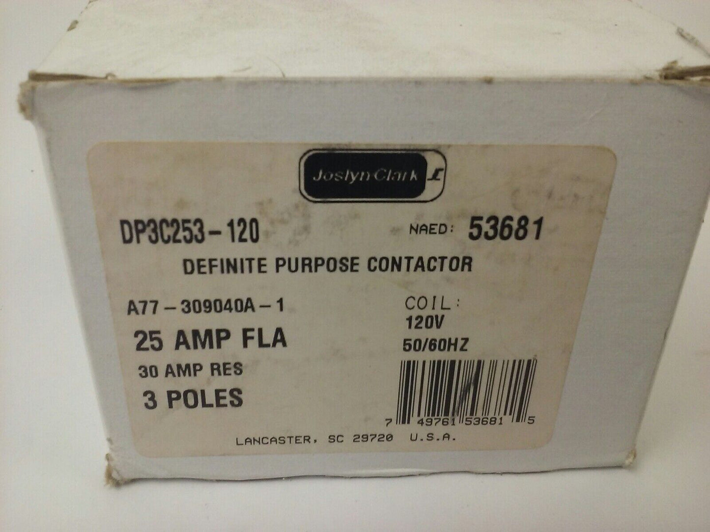 JOSLYN CLARK DP3C253-120 DEFINITE PURPOSE CONTACTOR 3P 25A FLA 30A RES 120V COIL