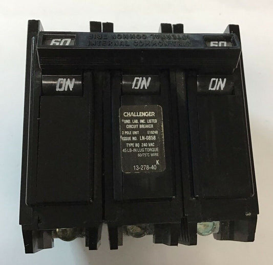 CHALLENGER BQ3060 CIRCUIT BREAKER 60AMP 3POLE 240VAC CLASS CTL