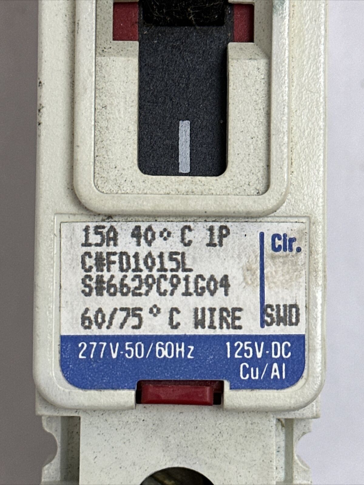 WESTINGHOUSE FD1015L CIRCUIT BREAKER 15AMP 277V-50/60HZ 125V-DC 1POLE 6629C91G04