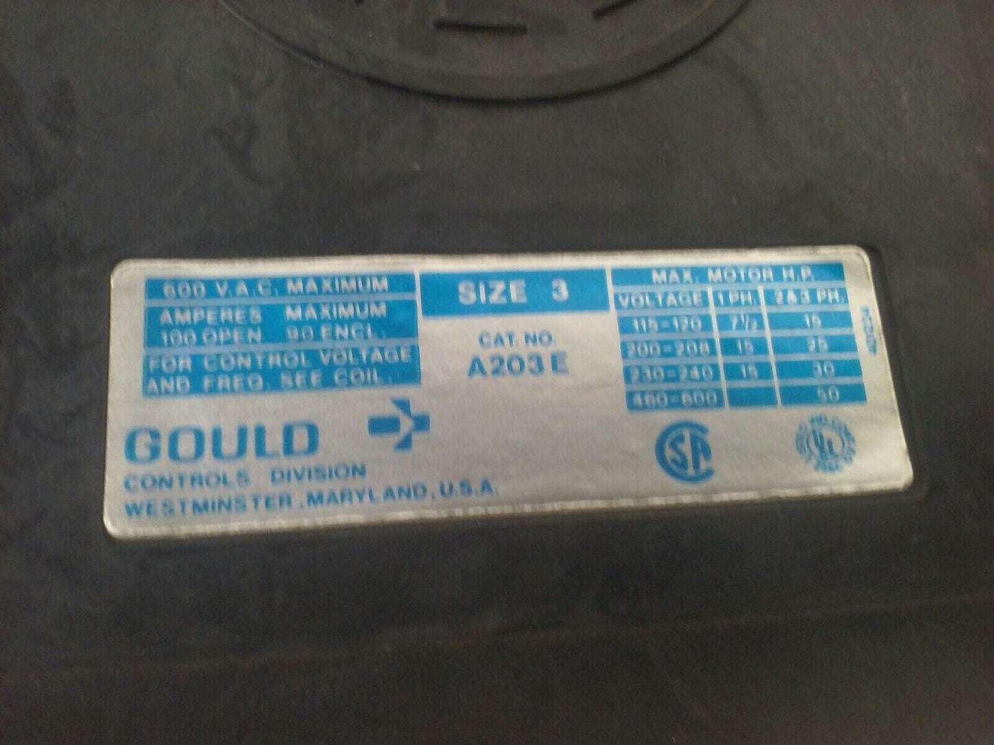 GOULD A203E STARTER SIZE 3 3PH 100A 600V 50HP 120V COIL W/ T55 HEATERS