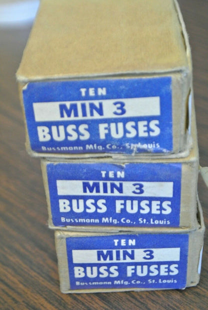 BOX of 10 / BUSS MIN3 INDICATING FUSE / 3A / 250V / NEW SURPLUS / MIN-3