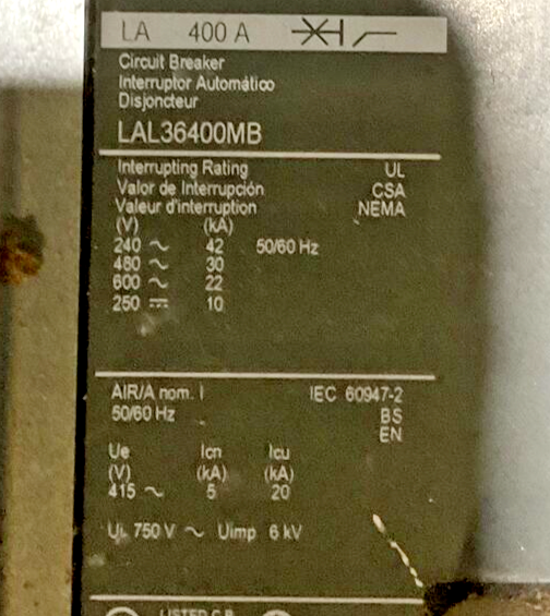SQUARE D MH62WP SER.E2 TYPE3R 400A 3POLE MAIN 70A(4)&100A(2) LAL36400MB BREAKER