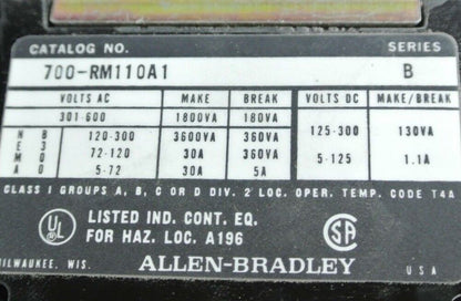 ALLEN-BRADLEY 700-RM110A1 - AC CONTROL RELAY - 120V, 60Hz - NEW SURPLUS