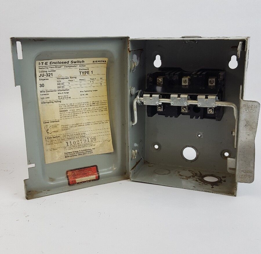 SIEMENS I-T-E, JU321, TYPE 1 ENCLOSURE, 30A, 240VAC/250DC, 7.5 H.P., 3PH, USED