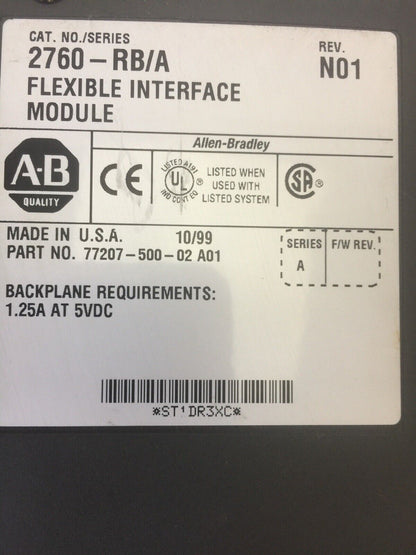 ALLEN BRADLEY 2760-RB/A FLEXIBLE INTERFACE MODULE REV N01 2760-SFC2 MASTER/LAN
