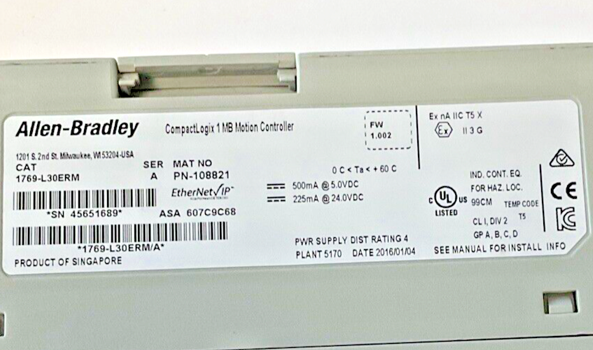 ALLEN-BRADLEY 1769-L30ERM 1MB MOTION CONTROLLER F/W 1.002 SER.A 24VDC
