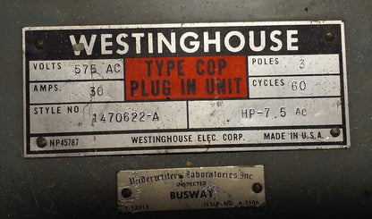WESTINGHOUSE (plug in unit) 1470622-A 30A 575V 3 pole type COP