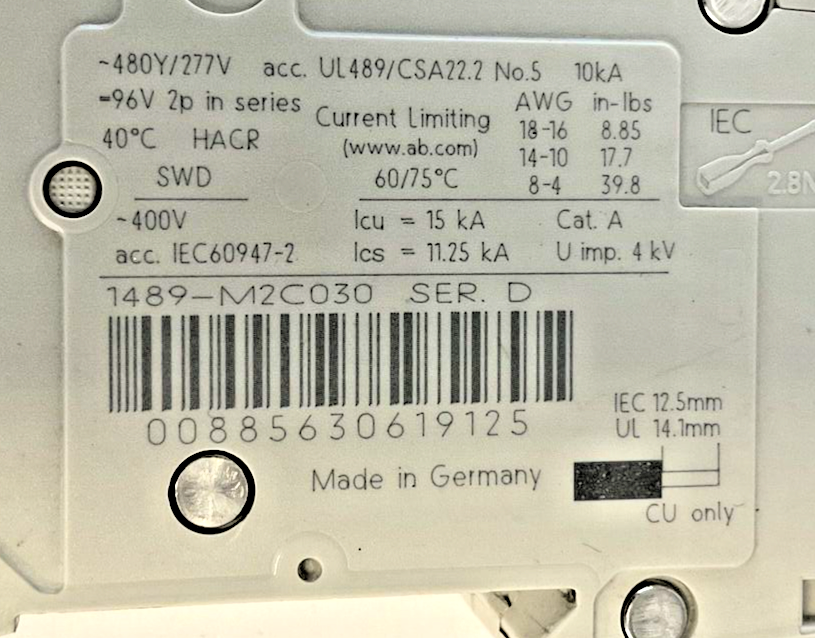ALLEN BRADLEY 1489-M2C030 CIRCUIT BREAKER SER.D 3A 480Y/277V 10KA 50/60HZ 2POLE