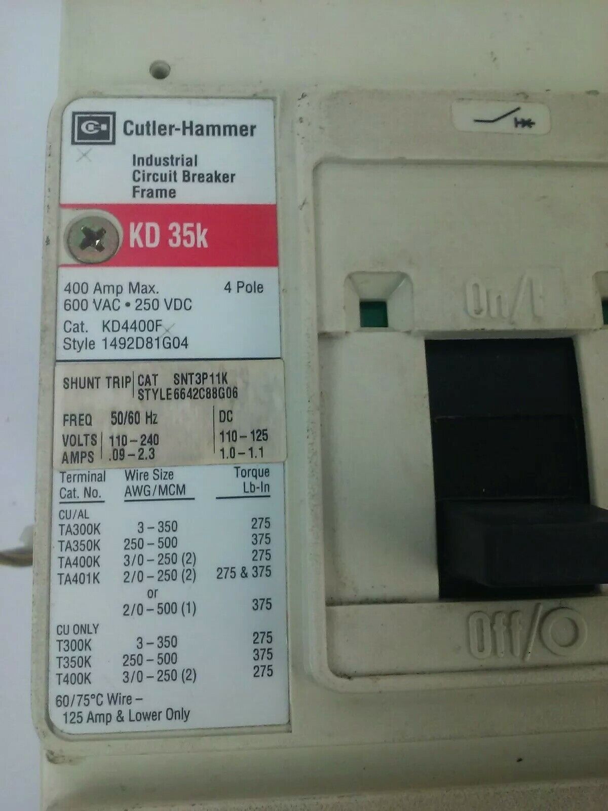 CUTLER HAMMER CIRCUIT BREAKER KD4400F 400A 4P 600V 300A TRIP KT3300T SNT3P11K