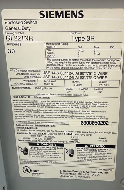 SIEMENS GF221NR ENCLOSED SAFETY SWITCH 30A TYPE 3R 240VAC
