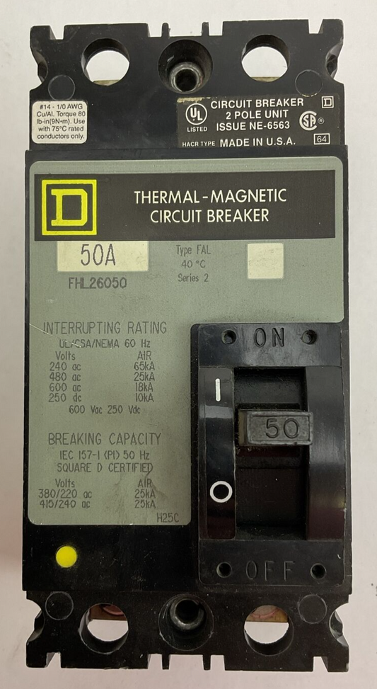 SQUARE D FHL26050 2POLE THERMAL-MAGNETIC CIRCUIT BREAKER 50A 600VAC 250VDC SER 2