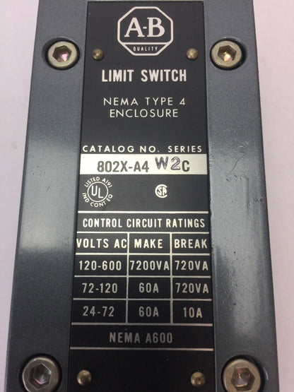 ALLEN BRADLEY 802X-A4W2 LIMIT SWITCH 600VAC 7200VA 720VA SERIES C NEMA TYPE 4