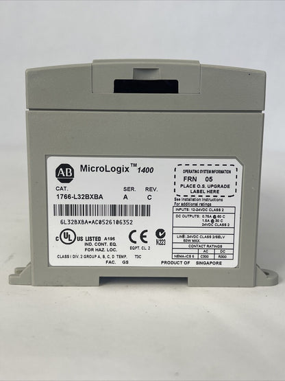 ALLEN BRADLEY 1766-L32BXBA MICROLOGIX 1400 CONTROLLER SER A REV C FRN 05 24VDC