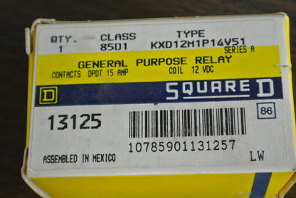 SQUARE D - KXD12M1P14V51 GENERAL PURPOSE RELAY DPDT 15A 12VDC COIL - NEW SURPLUS